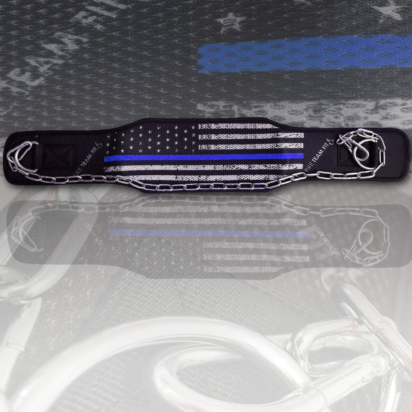 Fire Team Fit Weight Belt with Chain, Dip Belt for Weighted Pull Ups and Dips Blueline, Small (for Waist 40 Inches or Less)