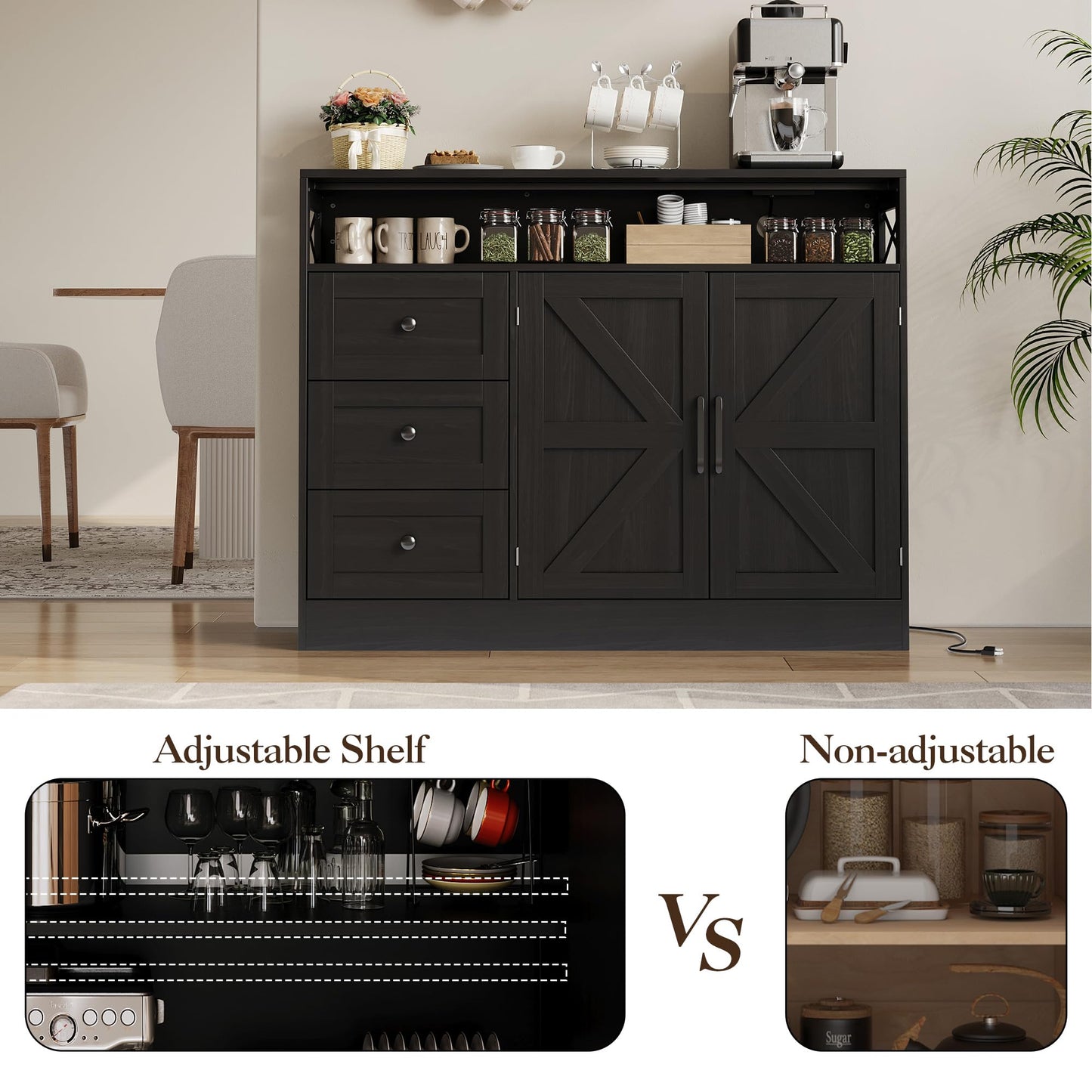 GAOMON 51Inch Sideboard Buffet Cabinet, Wood Rustic Coffee Bar Large Buffet Storage Cabinet with Drawers and Power Outlets Shelves Doors for Dining Kitchen Living Room, Black