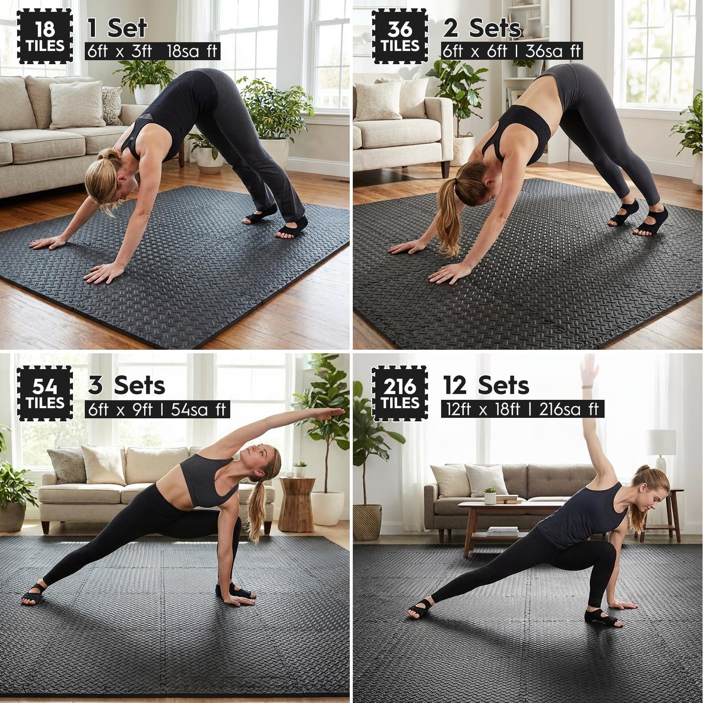 Haulcove 18 Tiles Puzzle Exercise Mat, EVA Interlocking Foam Floor Tiles, Non-Slip, Protective, Water-Resistant Flooring for Home Gym & Workout Equipment, 12.6" x 12.6" x 0.4", 18 Sq Ft, Black