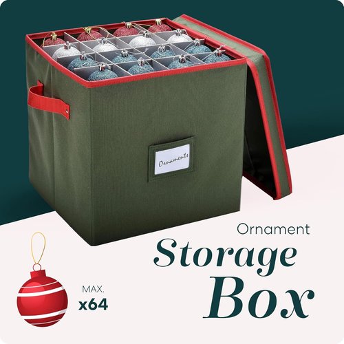 Handy Laundry Christmas Ornament Storage Box - Holds Up to 64 Ornaments | Adjustable Dividers & Two Handles - Keeps Holiday Decorations Clean & Dry (Green)