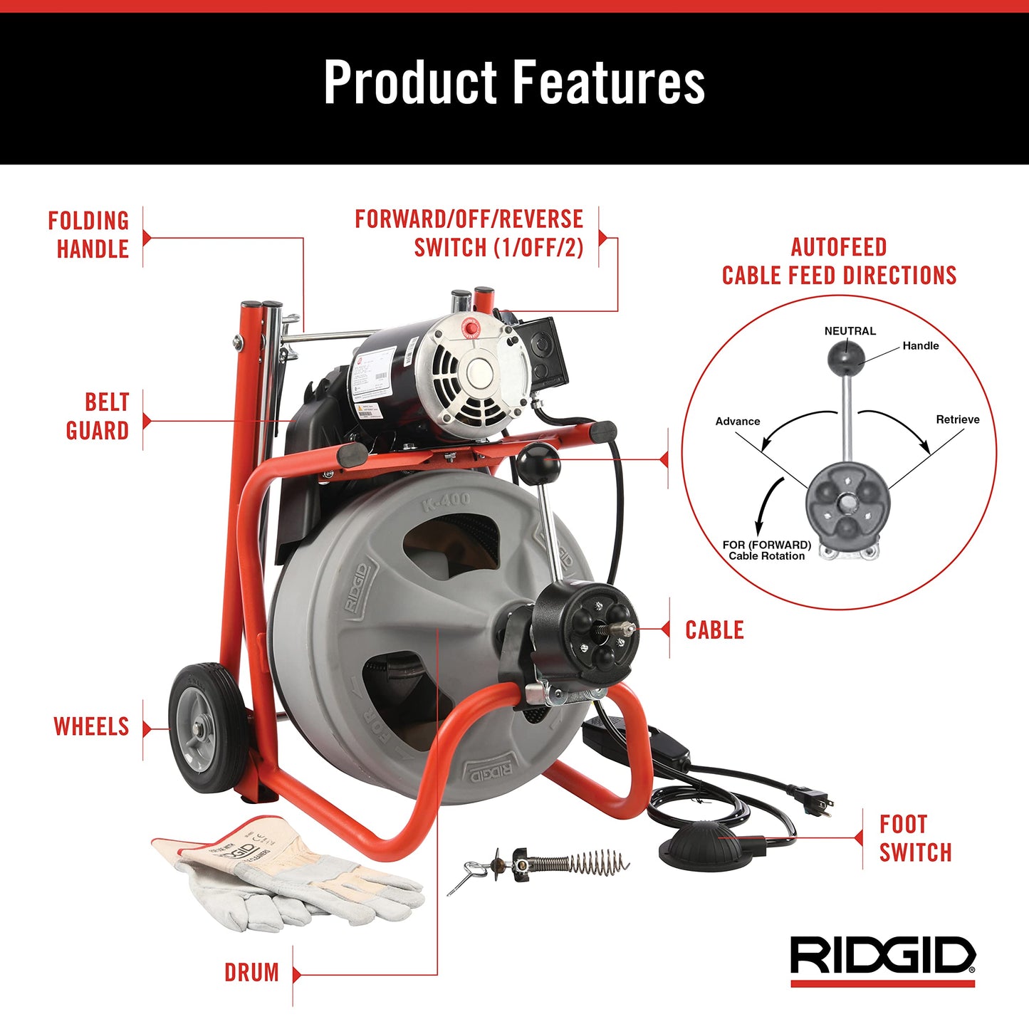 Ridgid 27013 K-400AF 115Volt C45IW Drum Machine with C45 Integral Wound Cable with Autofeed