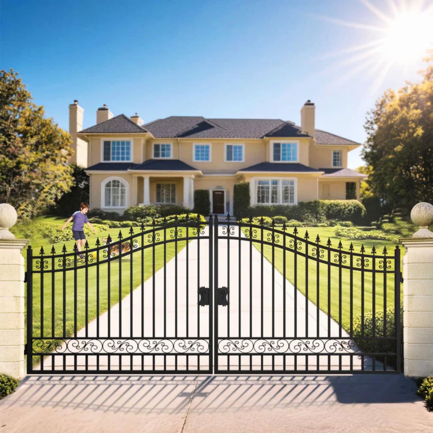 Chery Industrial Steel Dual Swing Driveway Gate, European Style,Secure Outdoor Patio Door with Welded Galvanized Steel Frame, Robust and Long-Lasting (20×8ft)