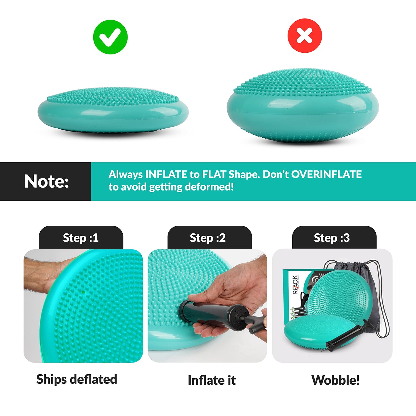 RFAQK Inflated Air Stability Wobble Cushion - Wiggle Seat to Improve Sitting Posture & Attention, Stability Balance Disc for Physical Therapy Exercise [Extra Thick, Pump, Bag, E-Book Included]