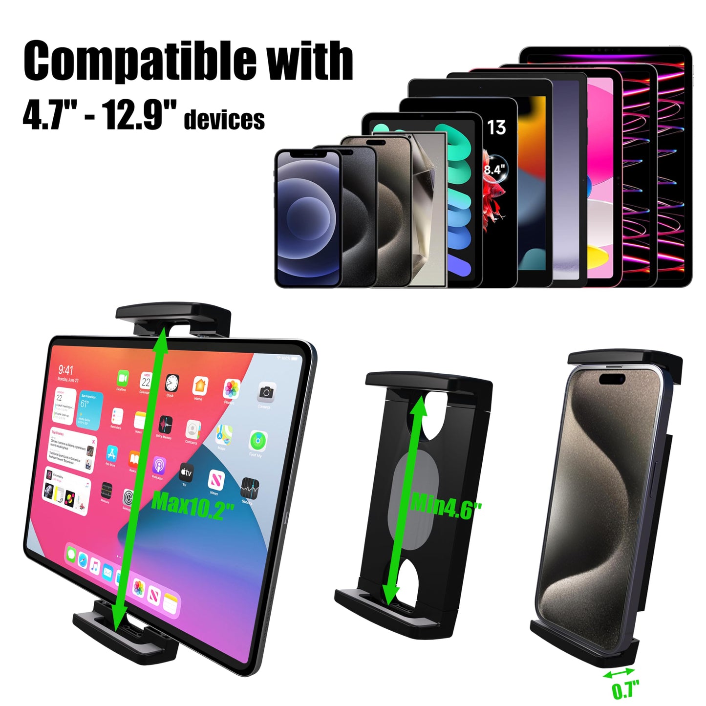 VasSmtCPH Magnetic Tablet Holder Fridge Tablet Mount for Cabinet Whiteboard Gym Warehouse and More fits 4.7-12.9 inch Phones and Tablets, 360°Adjustable 3.5" Magnetic Base