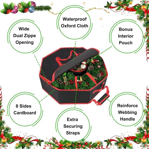 Christmas Wreath Storage Box - 30 Inch Hard Shell with Interior Pockets & Dual Zippers | Black