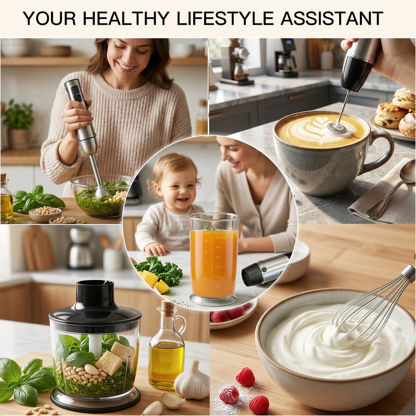 Megawise HB-2080 1000W 5-in-1 Immersion Hand Blender, Powerful Stick Blender with Variable Speed & Turbo, Stainless Steel Shaft & Blades, Includes Whisk, Frother, Chopper Bowl & Beaker