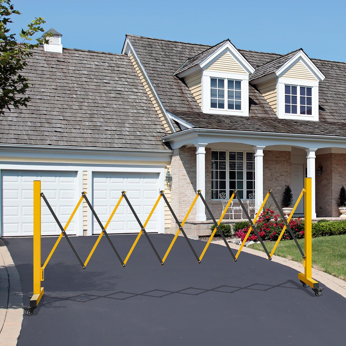 YITAHOME Metal Expandable Mobile Barricade, 8FT Folding Security Gate, Retractable Driveway Gate, Folding Safety Barricade with Casters