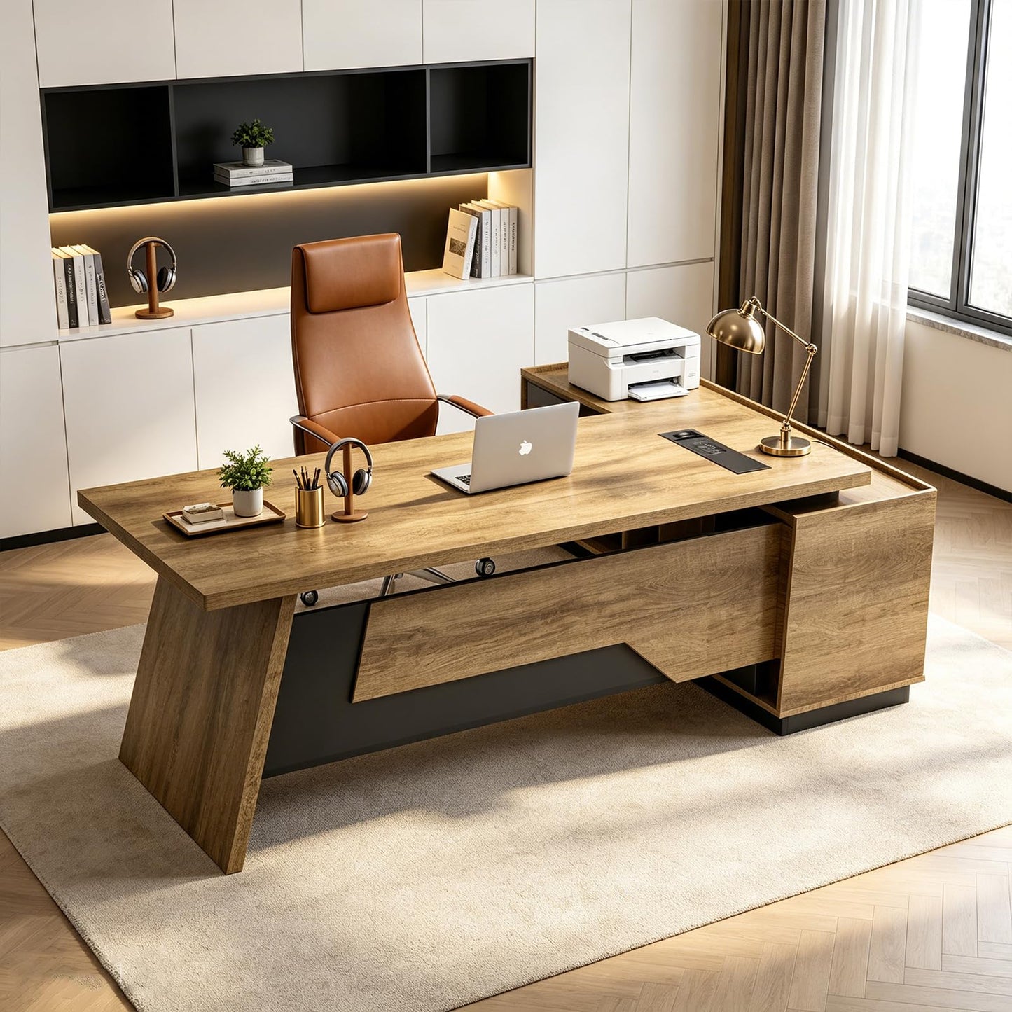 ONNAHOMEStlyle L-Shaped Executive Desk (71" or 79") | with Built-in Dual Charging & Wireless on Desktop | Drawers & Printer Space, Modern Office Desk for Home & Business Offices(Left)