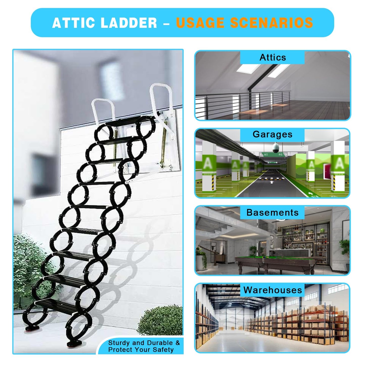 12 Steps Wall-Mounted Attic Ladder, Attic Pull Down System, Retractable Ladders for Loft, Metal Folding Attic Ladder Telescoping Steps, Pull Down Stairs for Attics Garages Roofs (Black-White, 12 Step)