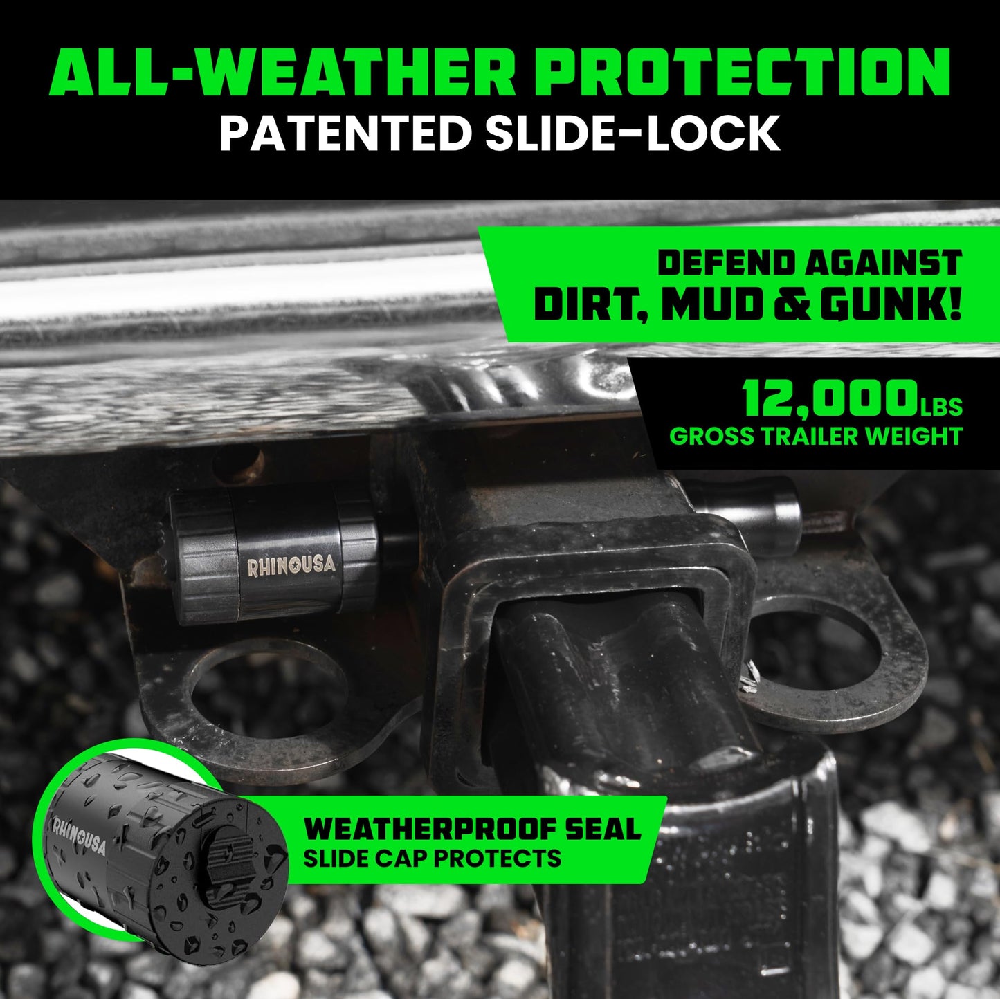 Rhino USA 2” Trailer Hitch Pin – Patented 5/8" Locking Receiver Pin for Class III/IV Hitches – Weatherproof, Anti-Theft, Debris-Protected – Tow Truck Ready – Black 1PK