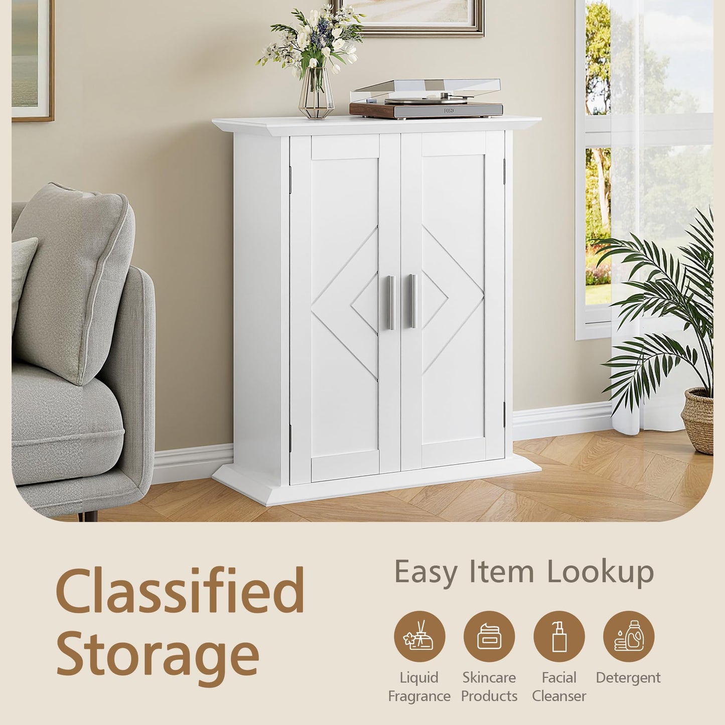 VECELO Freestanding Bathroom Storage Cabinet, Small Floor Cabinet with Doors and Adjustable Shelves, for Kitchen, Living Room, Laundry Room, Entryway, 21.1 x 8.78 x 24.02 Inches, White