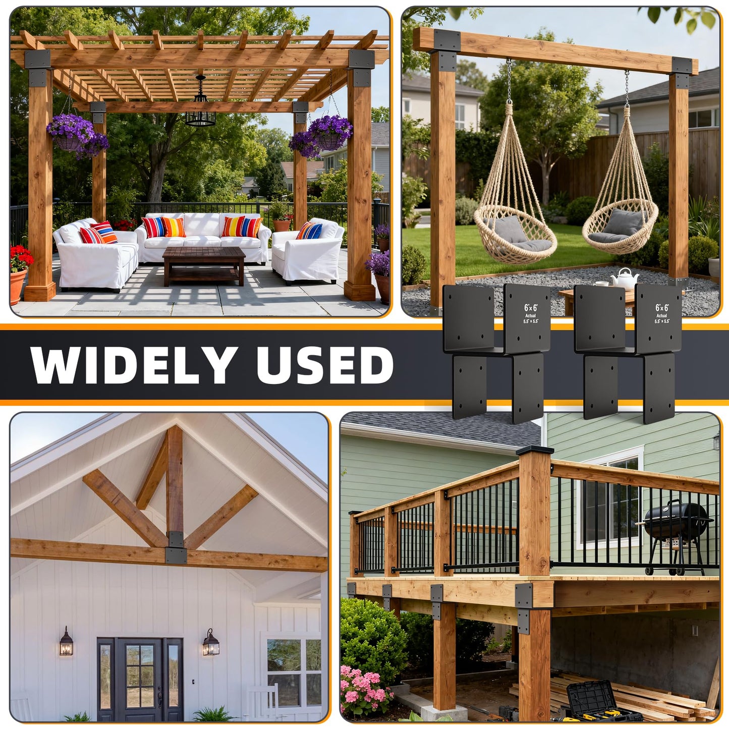 Wuno Shop 2 Pack 6x6(Actual 5.5"x5.5") Post Caps Tie Bracket, Stainless Steel Post to Beam Connectors for Wood, Heavy Duty Post Anchor Connector for Pergolas, Gazebos, Decks Porches-Black