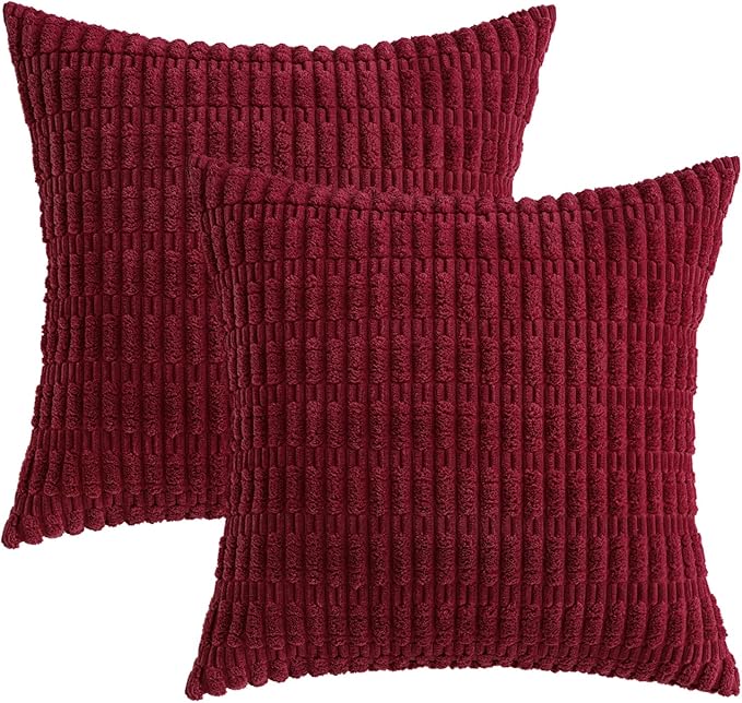 MIULEE Pack of 2 Burgundy Corduroy Decorative Pillow Covers 20x20 Inch Soft Boho Striped Throw Pillow Covers Modern Farmhouse Home Decor for Sofa Living Room Couch Bed