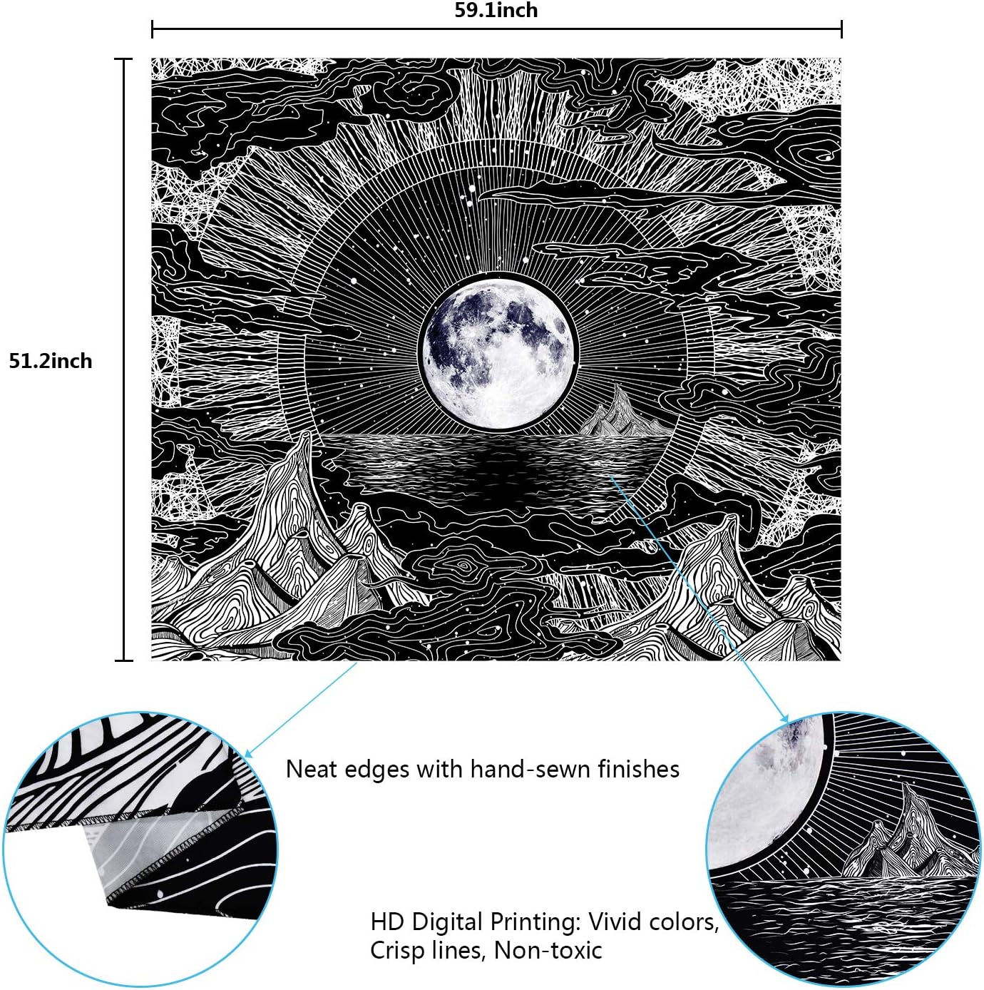 Sevenstars Psychedelic Mountain Tapestry - Moon & Star Clouds Design for Room Décor