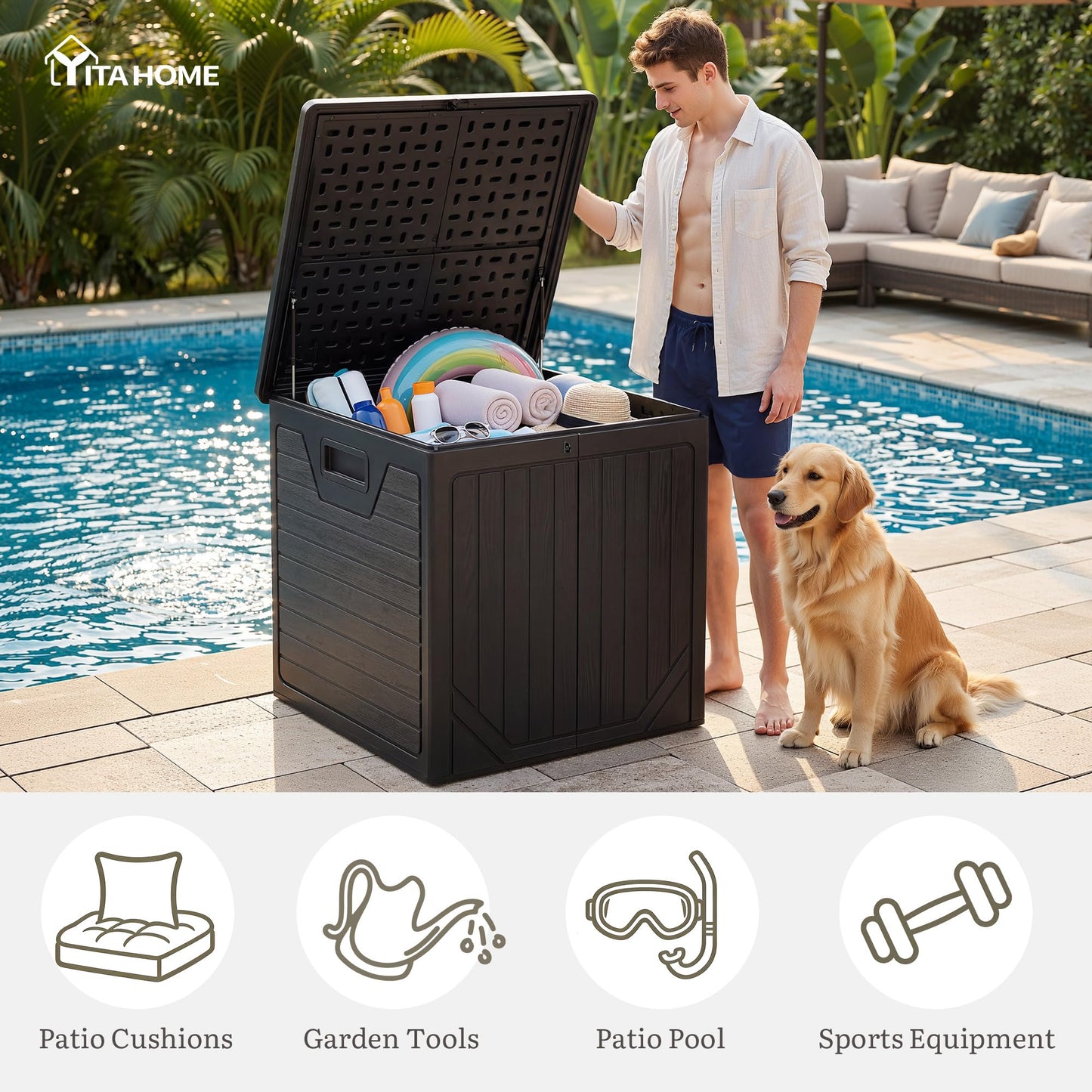 YITAHOME 150 Gallon Large Outdoor Deck Box, Lockable Resin Double-Wall Storage Box and Waterproof Patio Furniture Bin for Garden Tools & Pool Accessories, Black