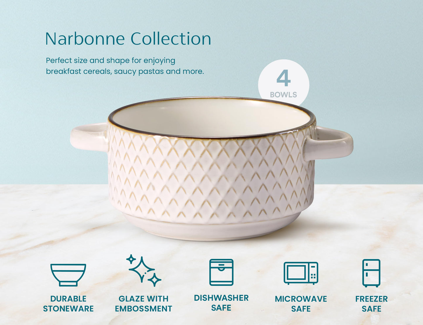 KooK Ceramic Soup Bowls with Handles, Embossed, for French Onion Soup, Pastas, Ramen, Stews, Microwave & Dishwasher Safe, Ivory with Hand-Painted Rim, Set of 4, 24 oz, Narbonne Collection
