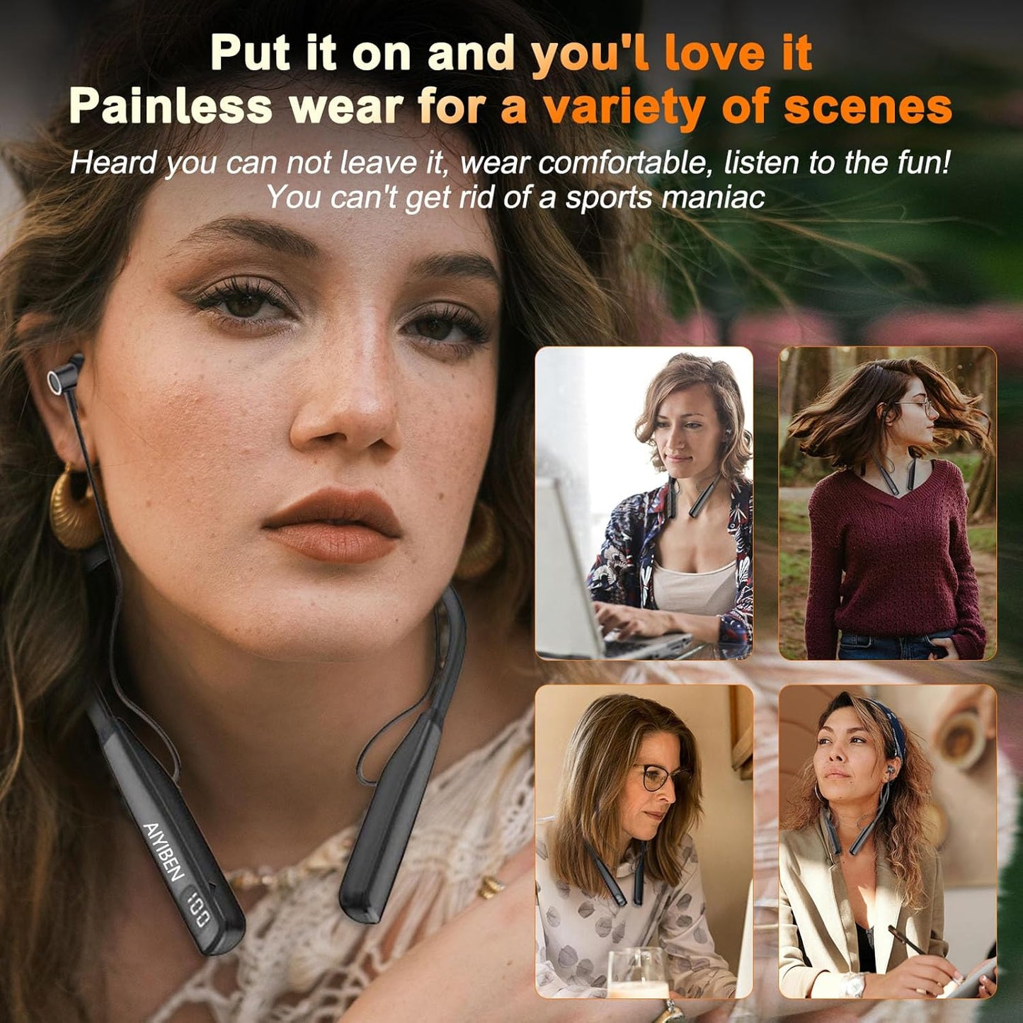 AIYIBEN 100 (Y10) Neckband Bluetooth Headphone with LED Power, Neckband Headphones Hours Playtime, in-Ear Bluetooth