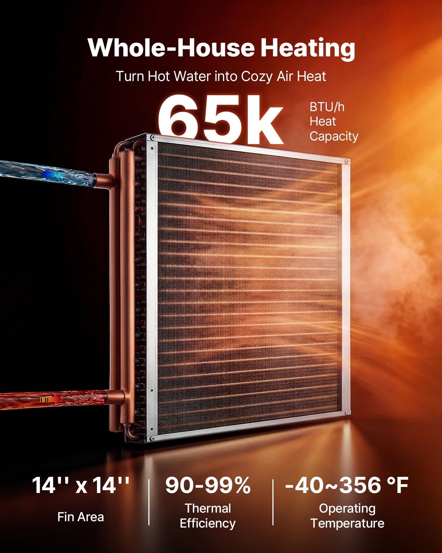 VEVOR Water to Air Heat Exchanger, 14 x 14 in Finned Tube HVAC Heat Exchanger Coil with Copper Tubes & Aluminum Fins, 65K BTU Output for Outdoor Wood Furnace, Hydronic Heating & Cooling Systems