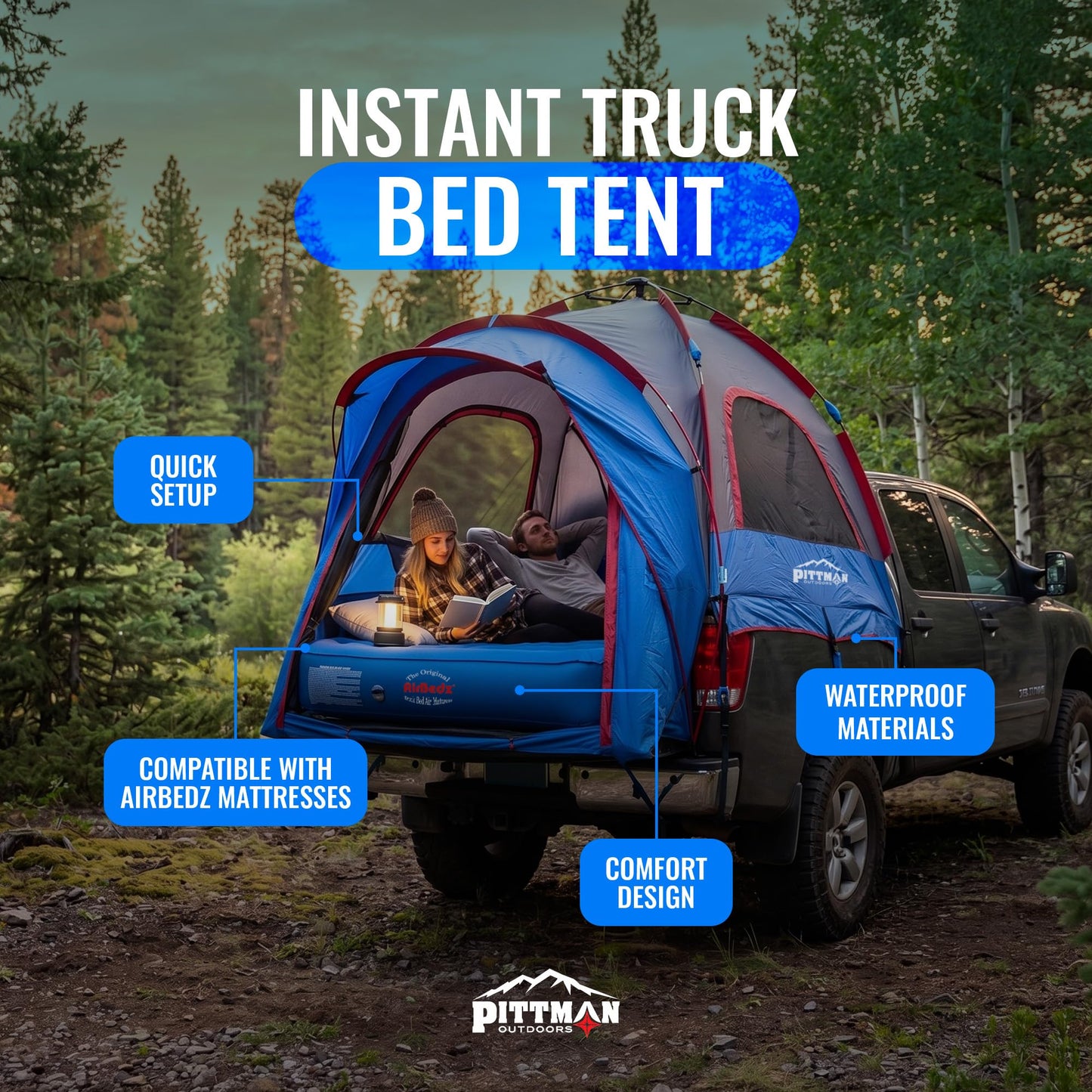 Pittman Outdoors Truck Bed Tent – EZ-UP Easy Assembly Truck Tent for Camping with Rain Fly, Extra Wide Entry, Oversize Air Mesh & Porch Cover – Premium Truck Bed Camp - 5.5 ft - 5.8 ft
