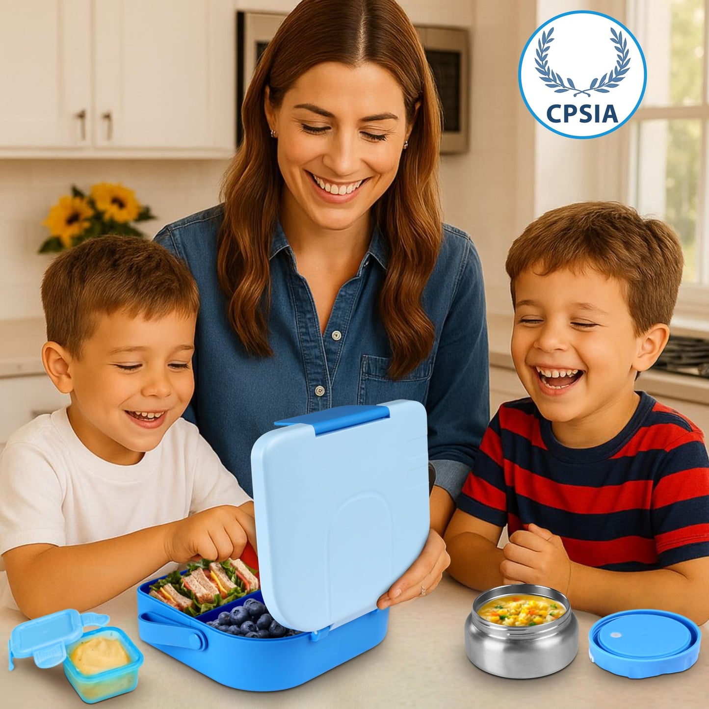 TinyPalsa Bento Box for Kids with 10oz Insulated Food Jar, Leak-Proof Kids Lunch Box with Thermal Food Container, 3 Compartments, Portable Handle, Dishwasher Safe, Ideal for School & Travel (Blue)