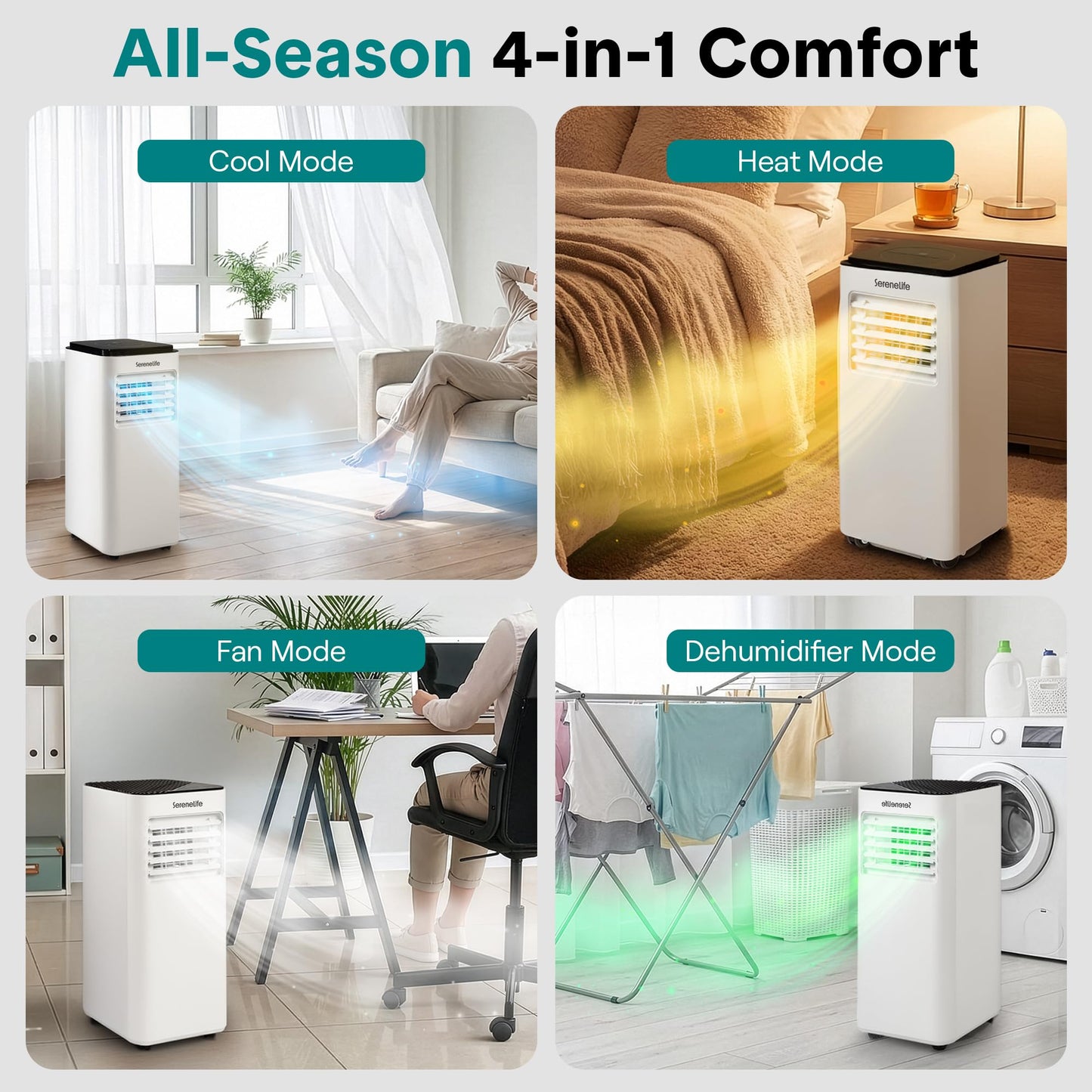 SereneLife 8000 BTU Portable Air Conditioner with Heat, Compact 4-in-1 Portable AC & Heater for Room Up to 350 Sq Ft with Dehumidifier & Fan Function, Remote Control, Window Mount Kit, 13" x 11" x 26"