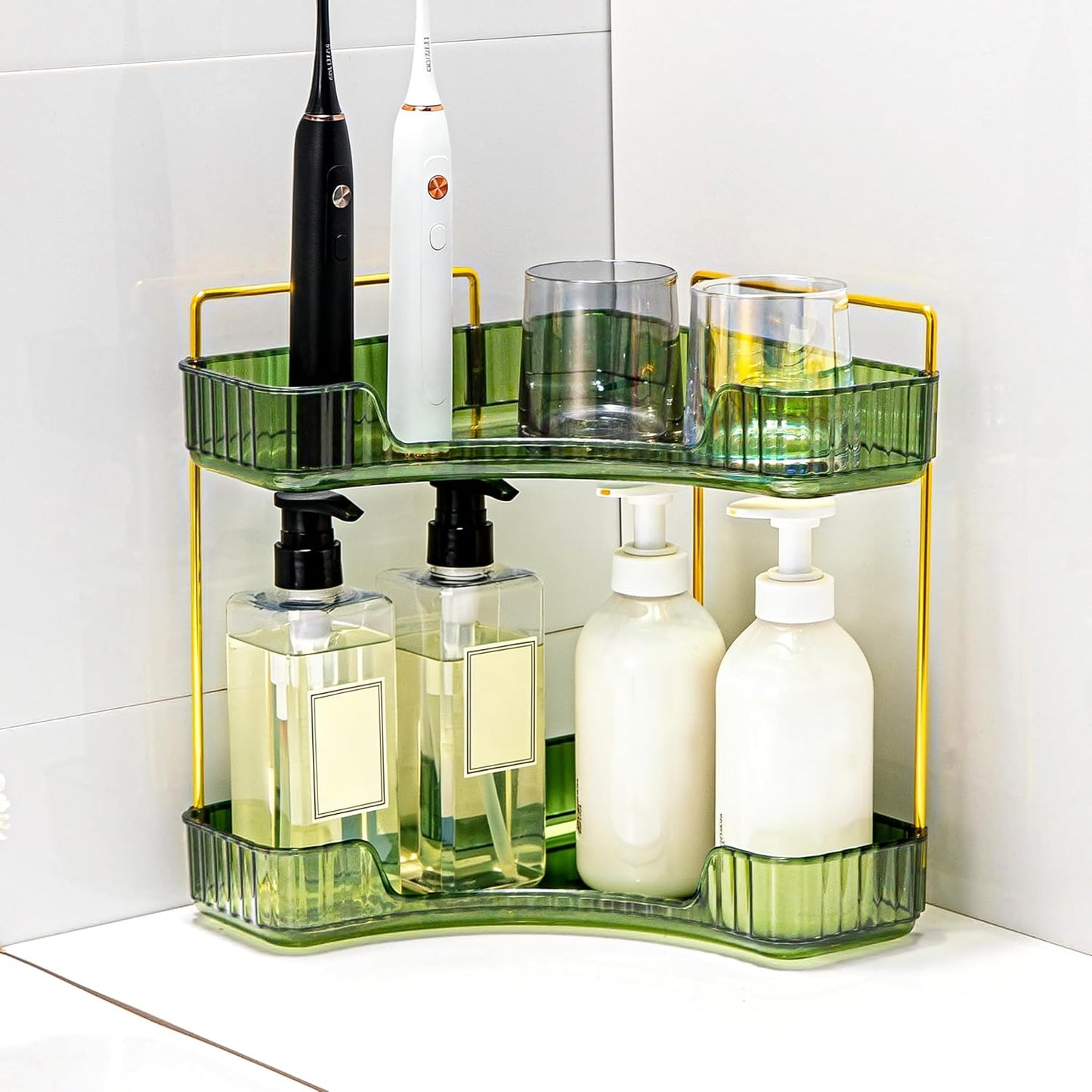Skiennix Corner Bathroom Counter Organizer - 2-Tier Makeup & Perfume Shelf in Green