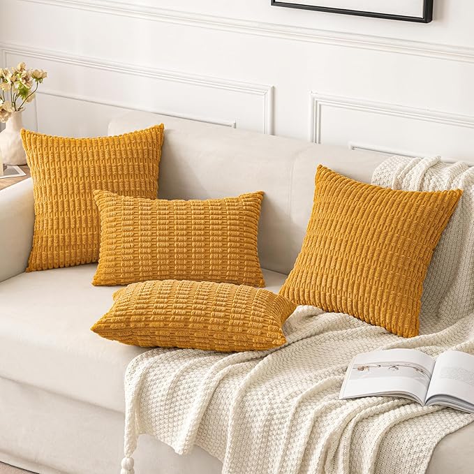MIULEE Pack of 2 Corduroy Decorative Lumbar Throw Pillow Covers 20x12 Inch Soft Boho Striped Pillow Covers Modern Farmhouse Home Decor for Summer Sofa Living Room Couch Bed Gold Yellow
