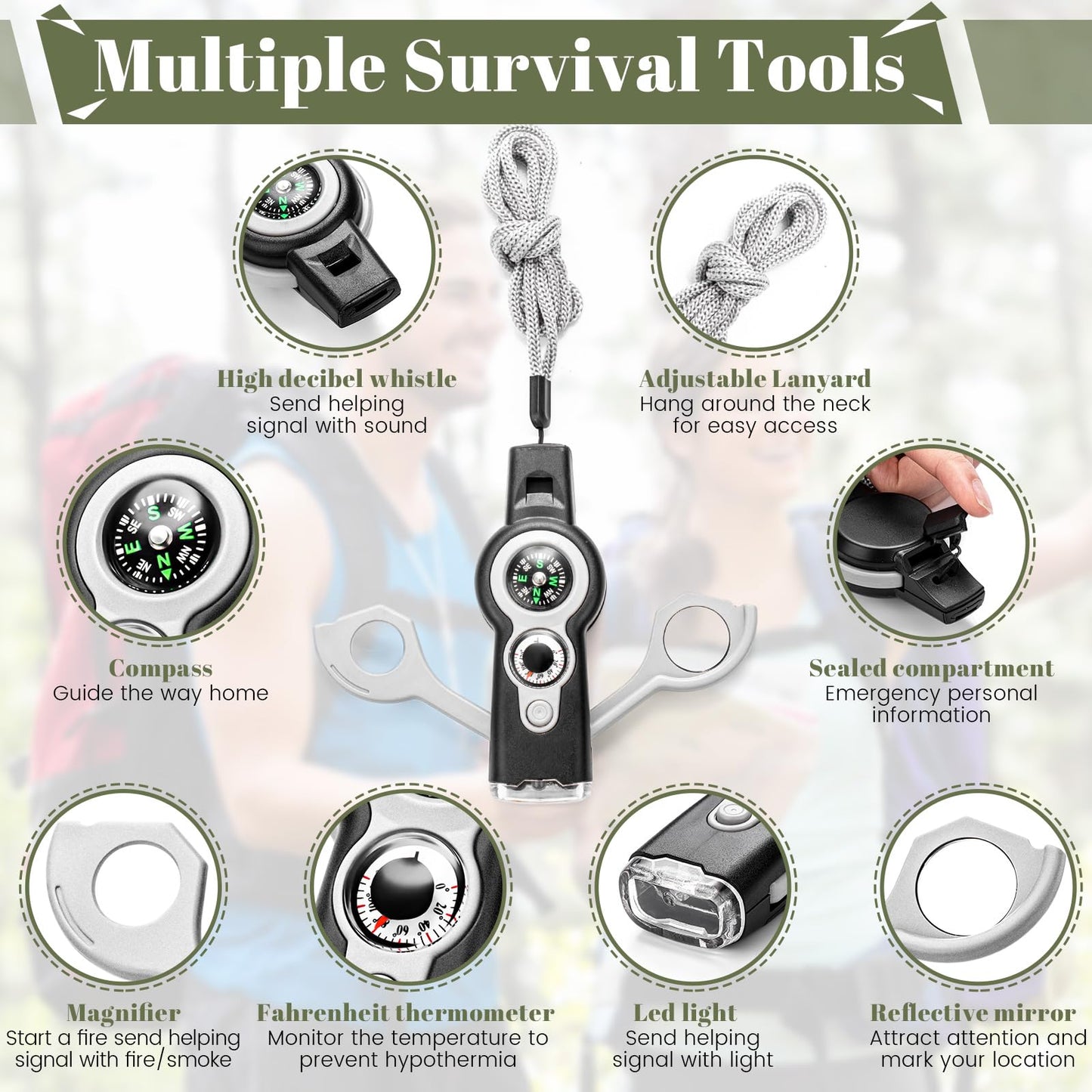 Arrowbash 12 Pack Emergency Survival Whistle 7-in-1 Compass Hiking Survival Safety Whistle with Lanyard Outdoor Multifunctional Tool Ideal for Hiking Camping Rescue Signaling(Gray)