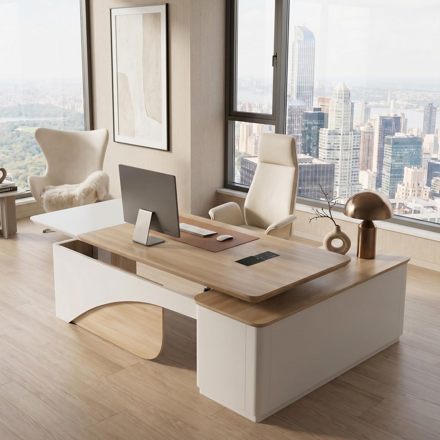 SAINTCY 86" L Shaped Standing Executive Desk with Drawers and Shelves,White Electric Adjustable Height Desk with Charging Station and Privacy Panel for Home and Office, Light Walnut