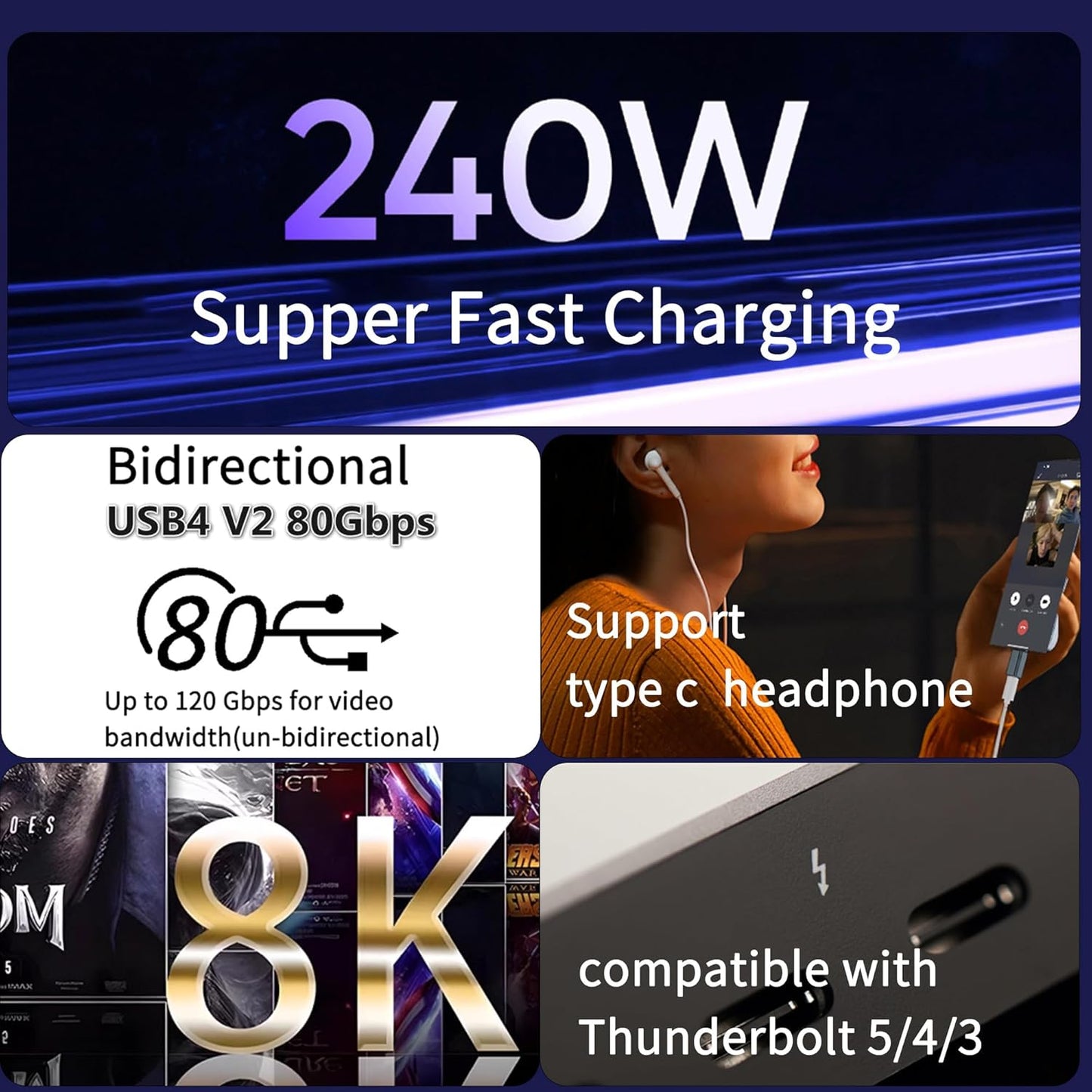 MISYNLON 240W 80Gbps 5 8K@60Hz, 120Gbps 15/16, Carplay-2Pack USB C Adapter, Thunderbolt USB C Adapter, Type C Male