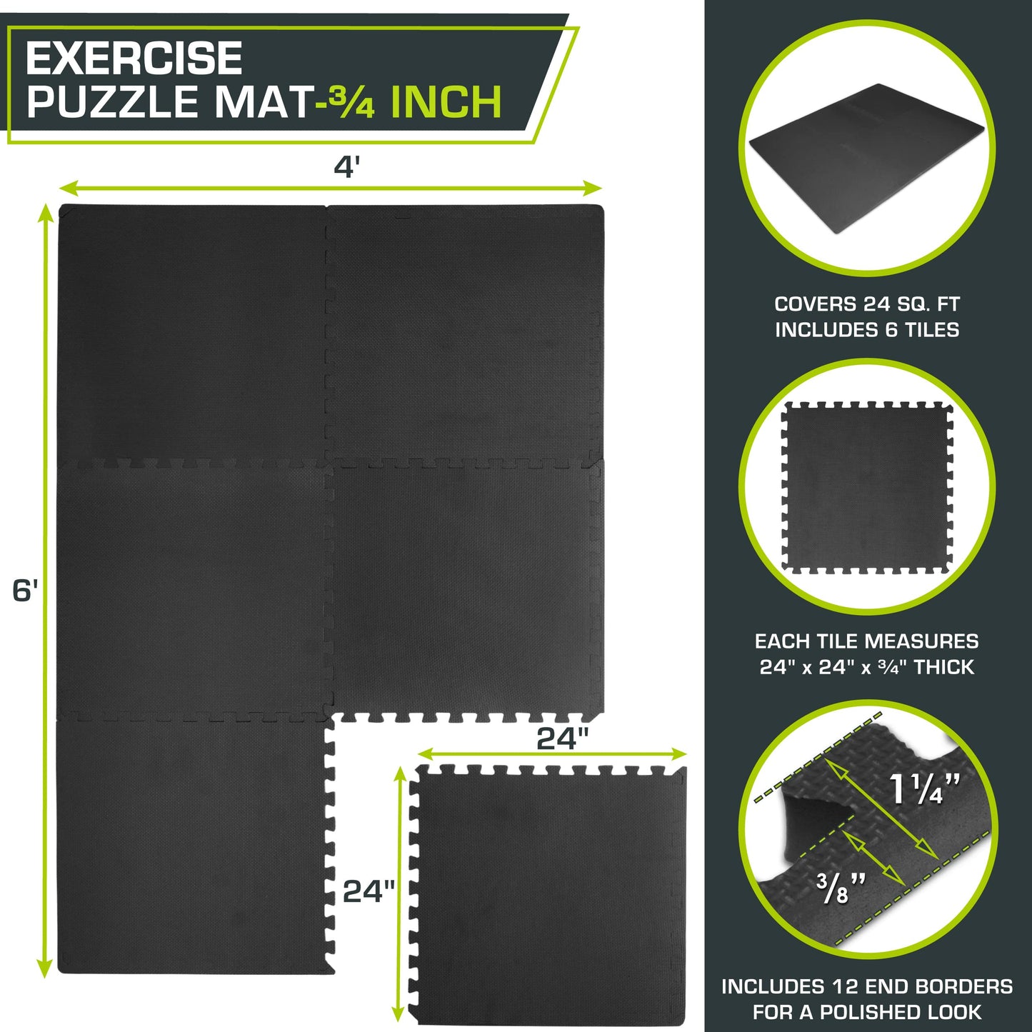 ProsourceFit Weaved Pattern Extra Thick Exercise Puzzle Mat ¾-inch, EVA Foam Interlocking Tiles for Protective, Cushioned Flooring for Home and Gym Equipment; Black, 24 SQ FT, 6 Tiles