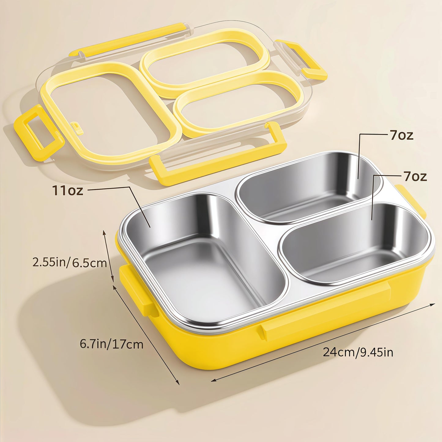 Eechen Charm Stainless Steel Lunch Box, 3 Compartment Bento Box for Kids & Adults, Leakproof Metal Food Container for School, Work, Picnic, Easy to Clean (Yellow)