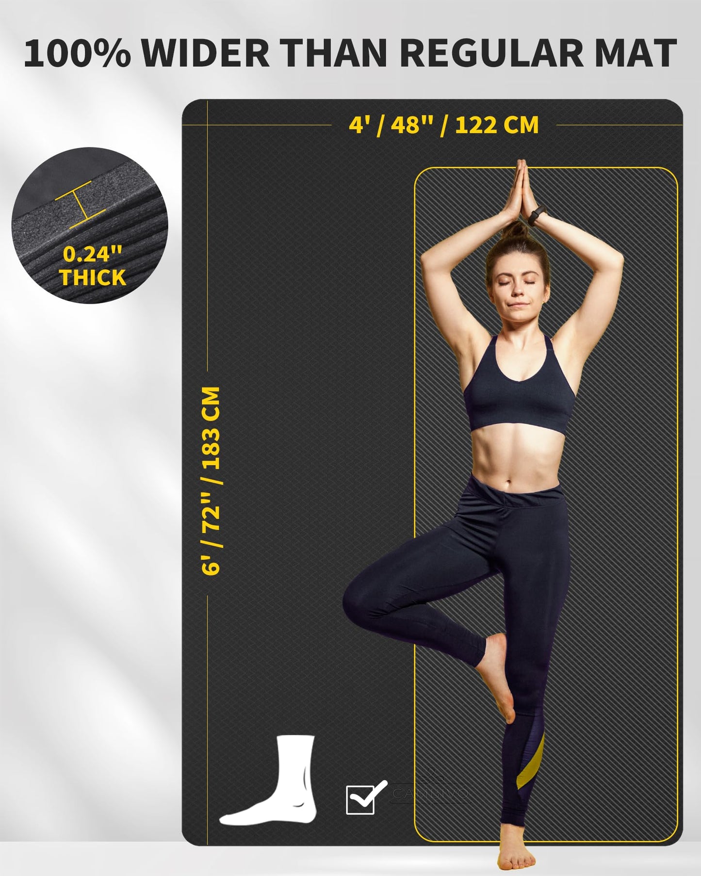 CAMBIVO Large Yoga Mat (6'x 4'), Extra Wide Workout Mat for Men and Women, 1/3 &1/4 Thick Exercise Fitness TPE Mat for Home Gym, Yoga, Pilates, Workout (Black),6mm