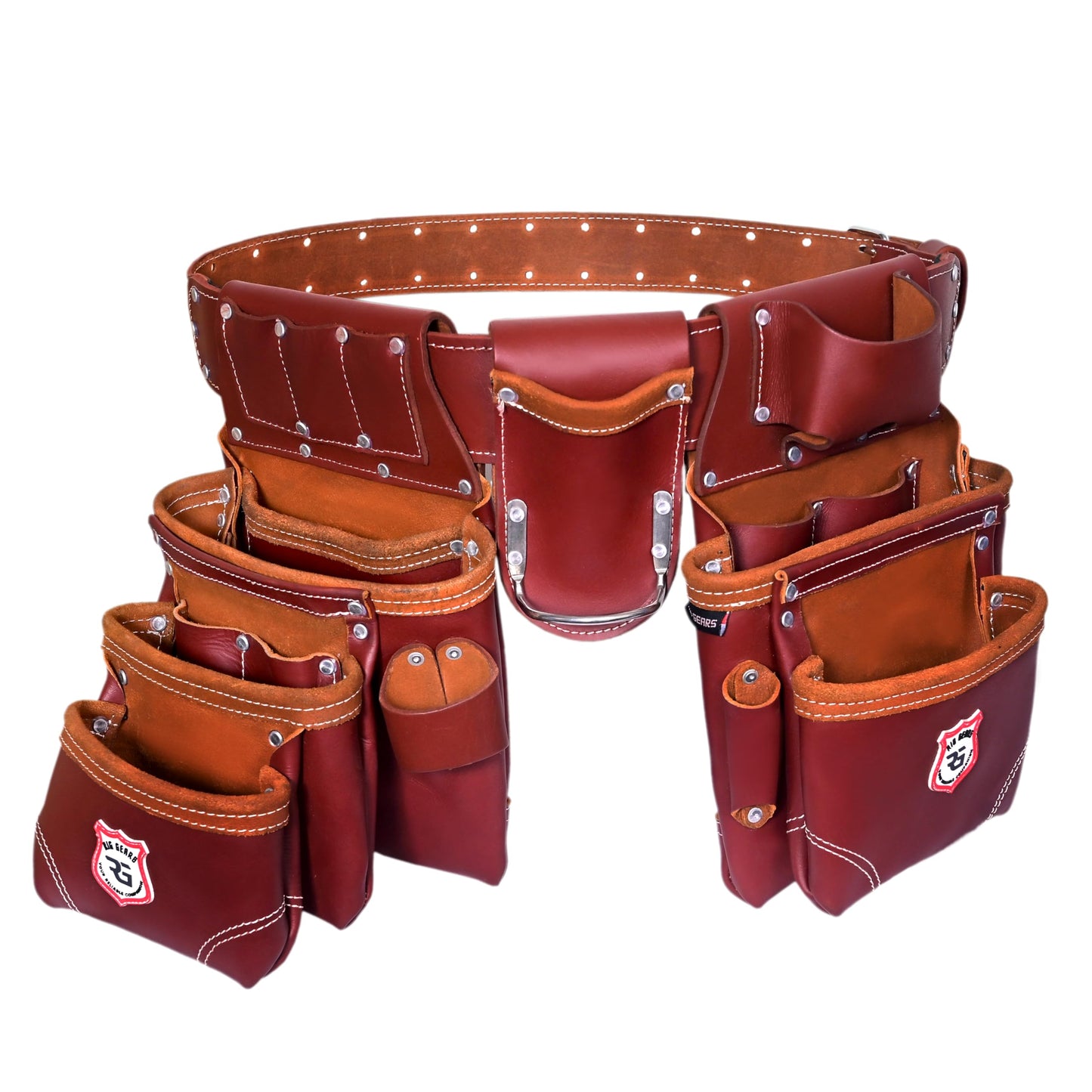 Rig Gears Leather Tool Belt with Suspender Detachable D-Loop Adjustable Padded Suspender Full Grain Leather Work Belt for Construction, Carpenters, Electricians, Farming Oil Tanned