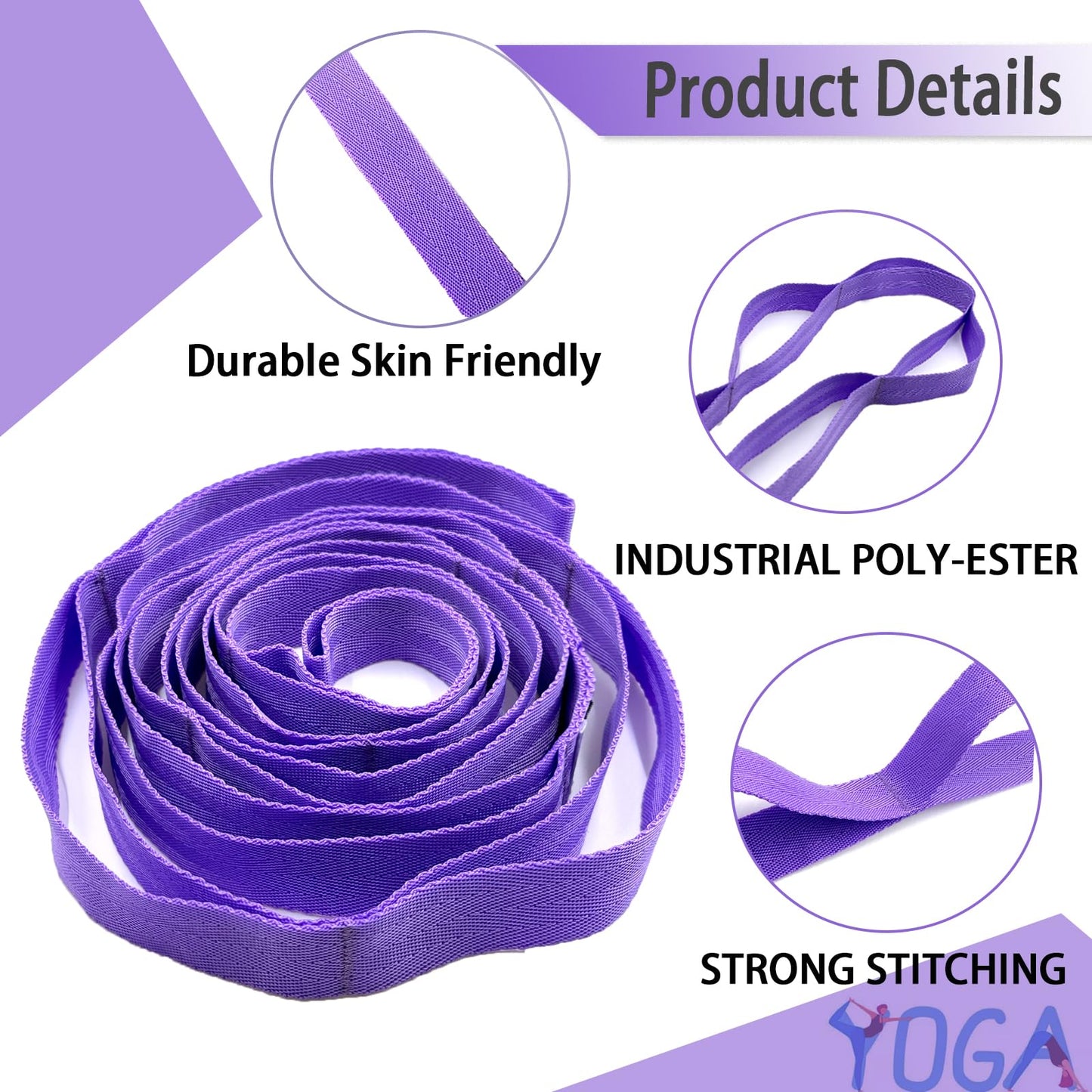 Stretching Strap Yoga Strap with Loops, Stretch Straps for Physical Therapy, Non-Elastic Exercise Strap for Pilates, Dance and Gymnastics with Workout Guide (Purple+Black)