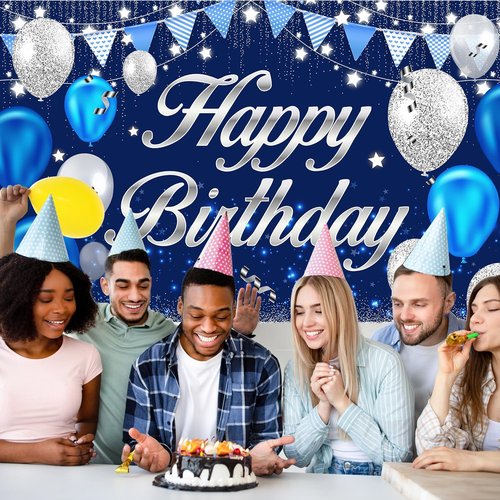 Happy Birthday Banner | Blue & Silver Party Decorations for Men, Women, Boys & Girls