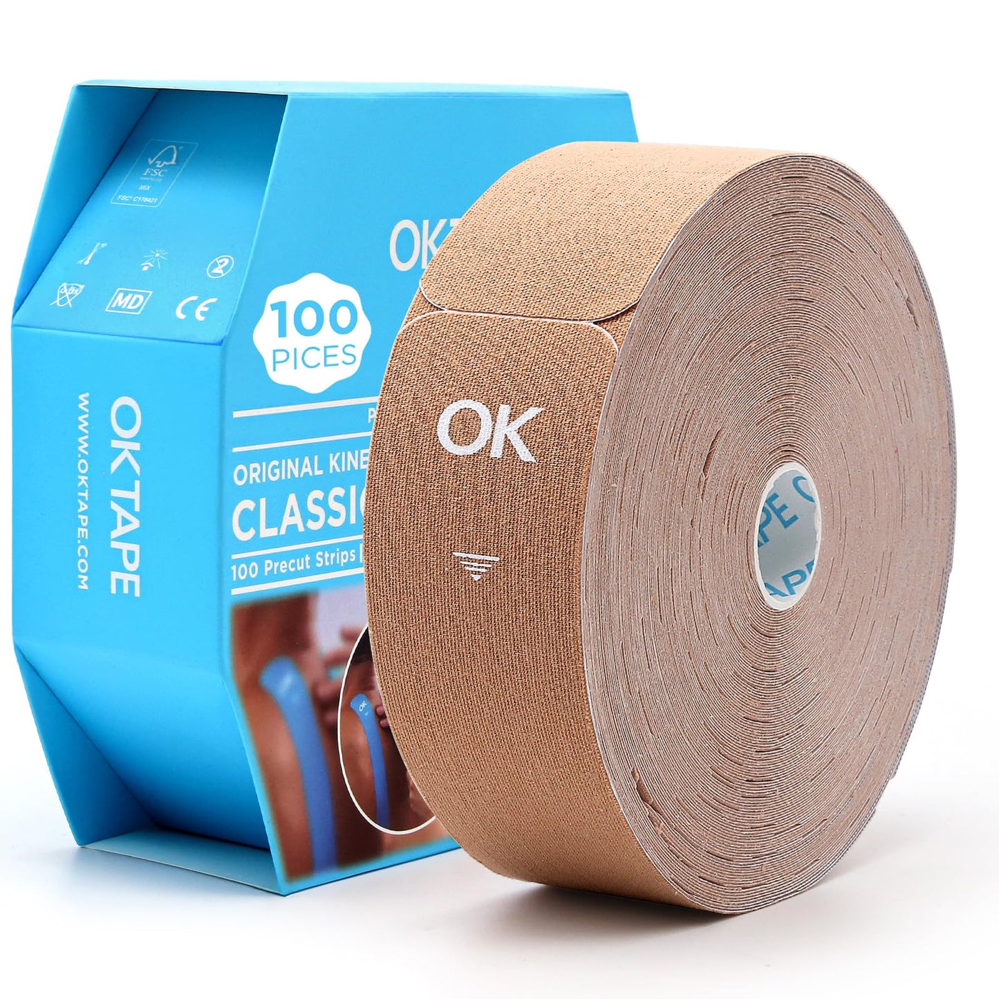 OK TAPE Kinesiology Tape Pre Cut Strips Bulk (100 PCS),Elastic Cotton Latex Free Hypoallergenic Athletic Tape Roll for Muscle Joint Knee,Waterproof 2in×10in/PCS