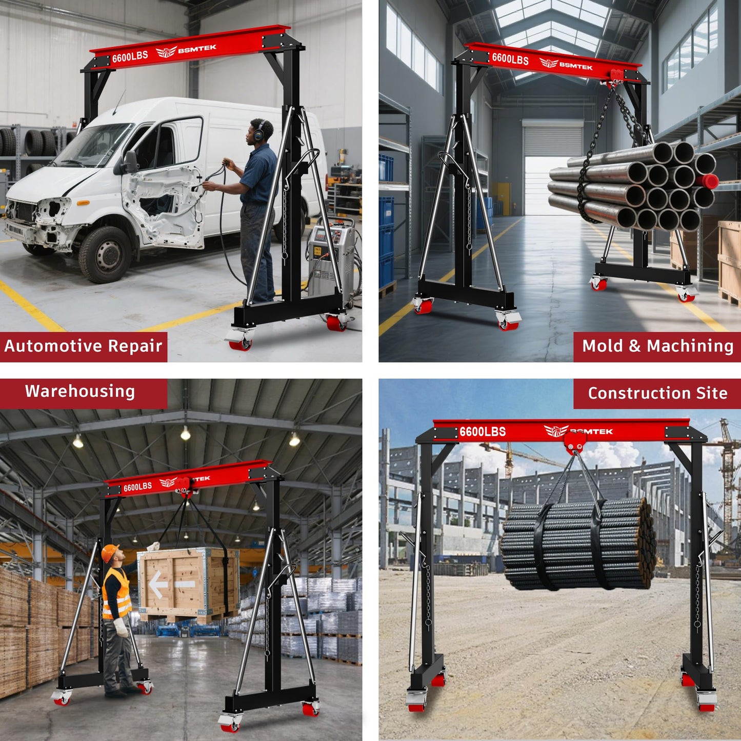 BSMTEK 3 Ton Gantry Crane MAX6600LBS, Adjustable Height (8.53-12.47 FT), Width (8.53 FT), Steel I-Beam Construction, Portable Shop Hoist for Factories, Warehouses, Red