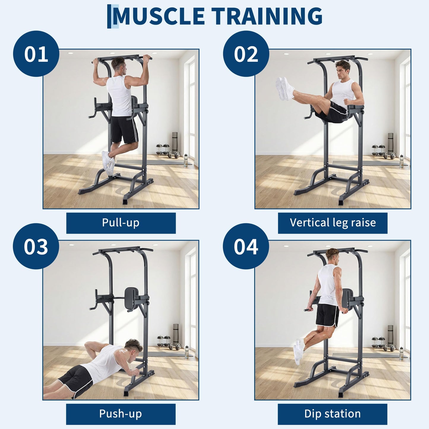 Power Tower Pull Up Bar Dip Station, Adjustable Height Home Gym Equipment, Heavy Duty Strength Trainer with 880 Lbs Capacity, Multi-Function Workout for Full Body Exercise, Stable Fitness Equipment