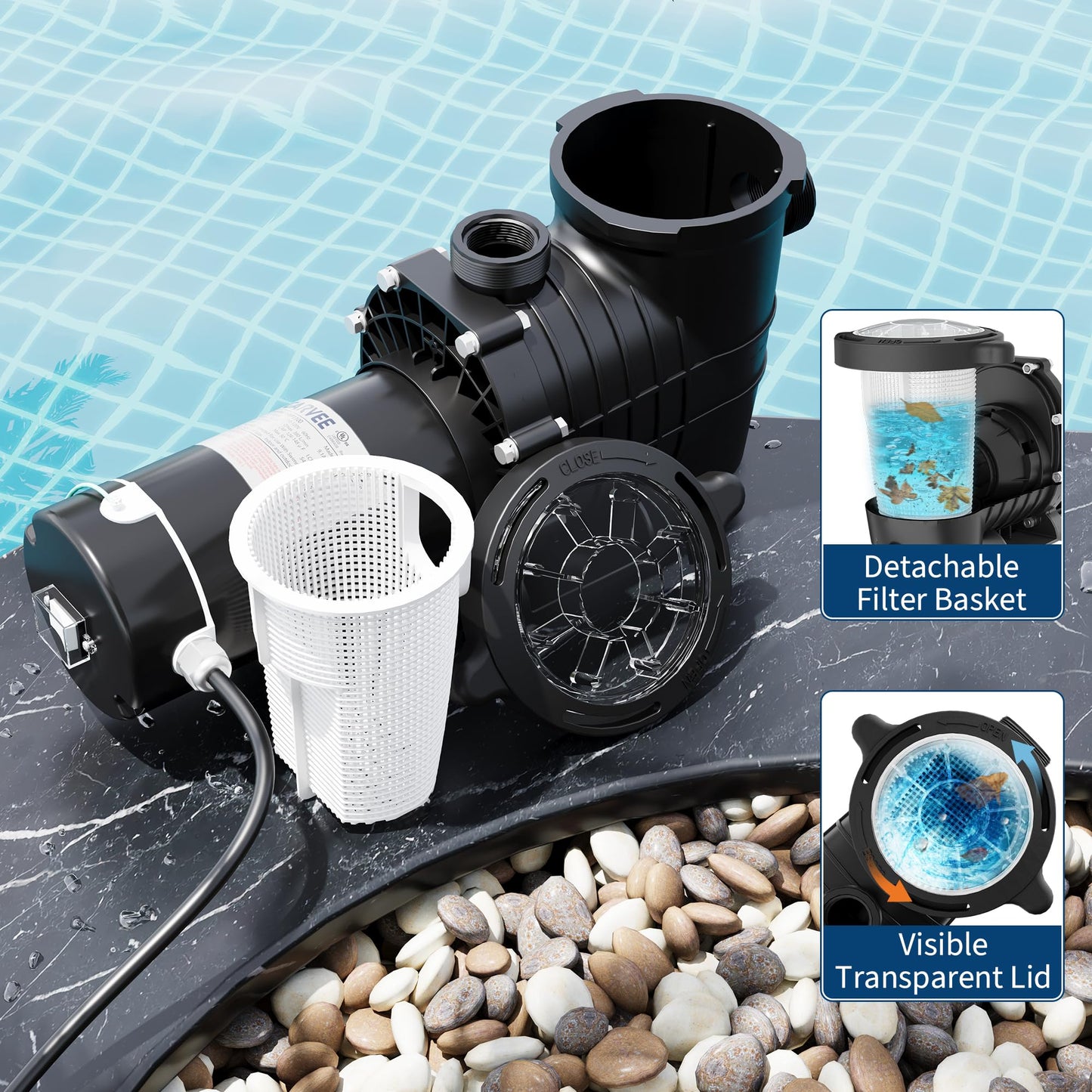 Garvee 1.5 HP Swimming Pool Pump 1100W 110-120V Single Voltage Pumps with Strainer Basket for Above-ground and In-ground, 6000 GPH Max. Flow