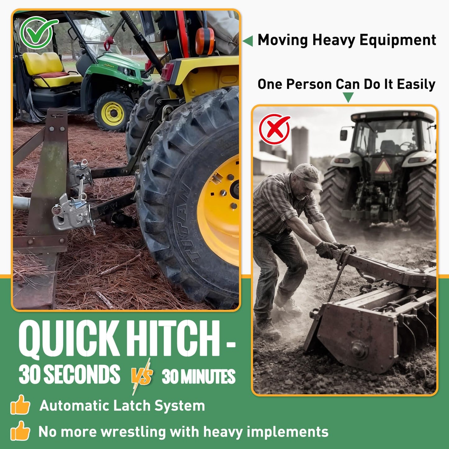 Upgraded Cat 1 Tractor Easy Change Quick Hitch System, Compatible with 3 Point Hitch Adapter, Tractor Hitch Faster Attach and Detach to Implements, Comes Stabilizer Bar, Grey