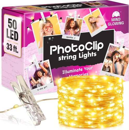 Mind-Glowing Photo Clips String Lights - Warm White Fairy Lights for Hanging Pictures | 50 LED, 16.4 ft - Perfect Teen Girl Room Decor & Birthday Gift