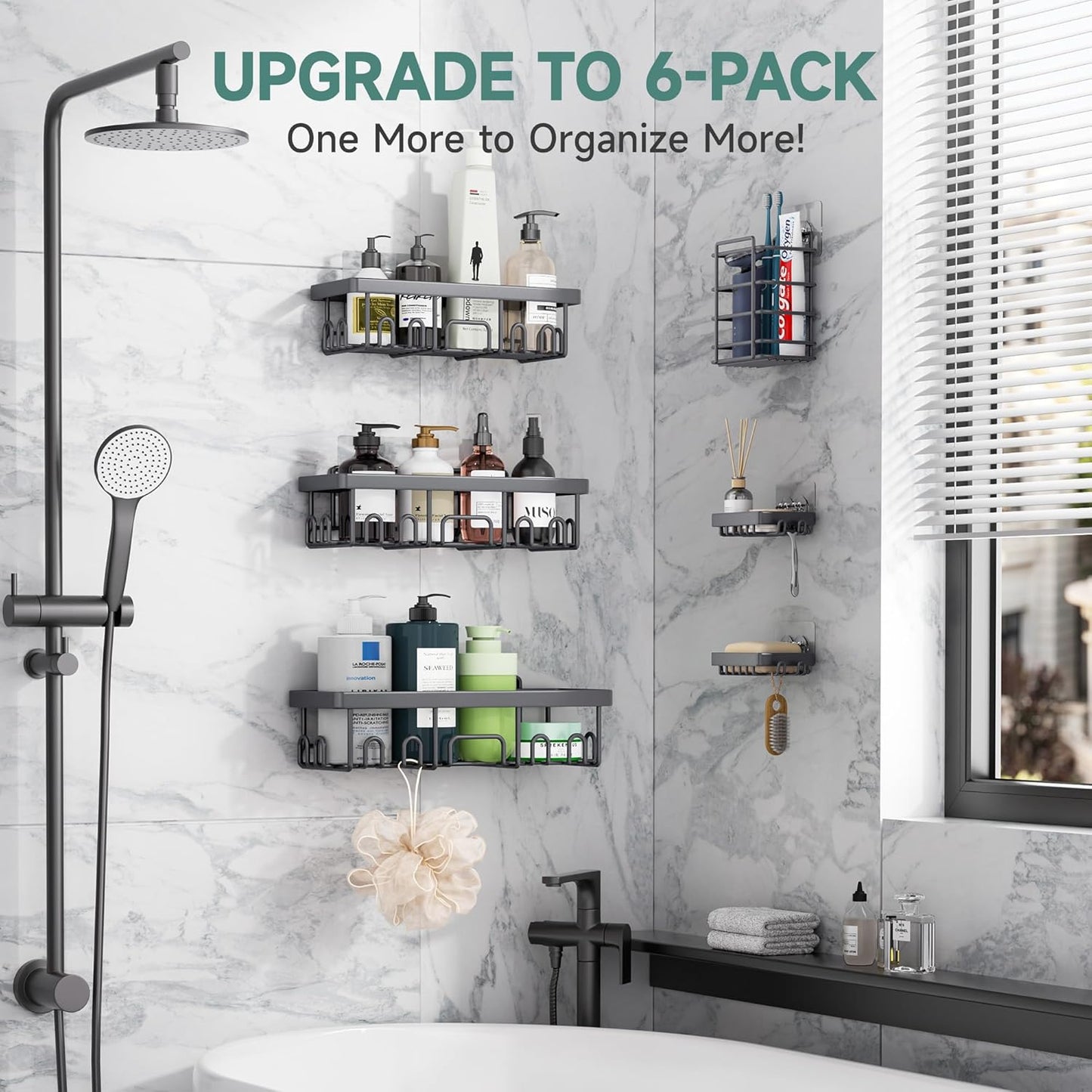 Veken Shower Caddy - Rustproof & Waterproof 6-Pack | No Drilling Adhesive Shelves, Large Capacity, Dark Grey