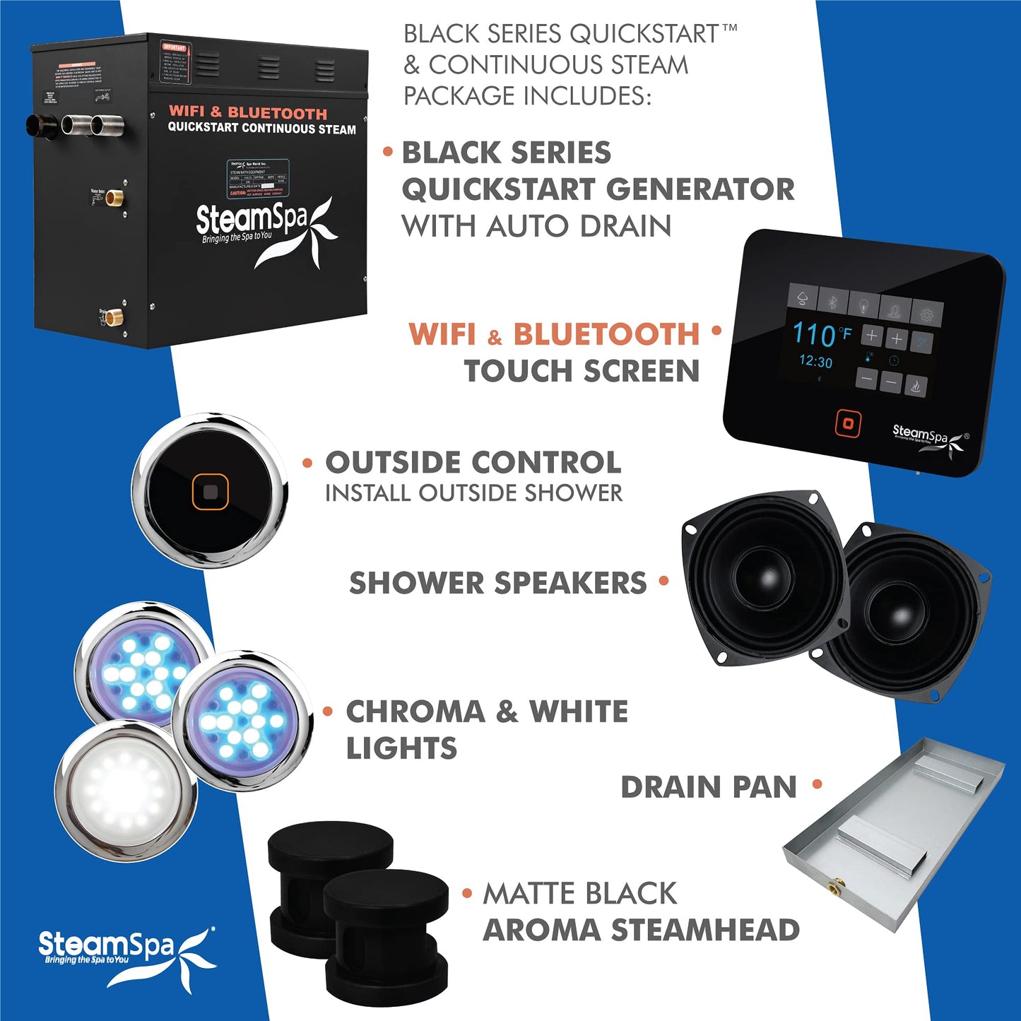 SteamSpa Generator with Quick Start Continuous Steam Technology, Wi-Fi, Bluetooth and Autodrain | 10.5kW Steam Generator with Black Steam Head with Aromatherapy Reservoir | RVB1050BK-A