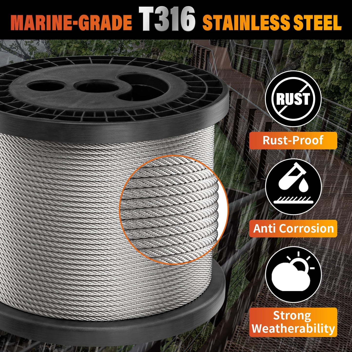 CELYND Stainless Steel Cable for Railing - 500FT 1/8" T316 Wire Rope Cable for Deck Railings System Kit