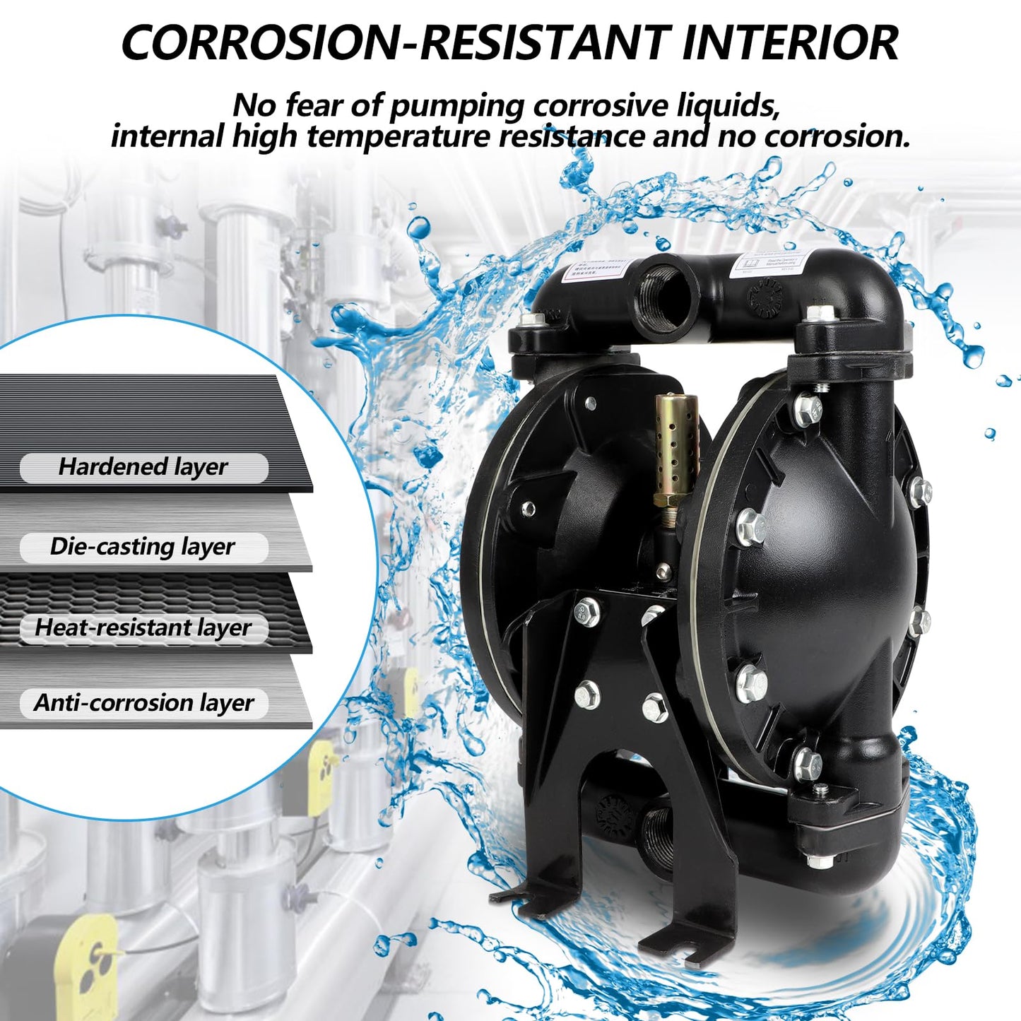 FAHKNS 35GPM 120PSI Air-Operated Double Diaphragm Pump QBY4-25L 1 Inlet Outlet Port For Environmental Protection Drainage Construction Petroleum Chemical Pharmaceutical Electric Power