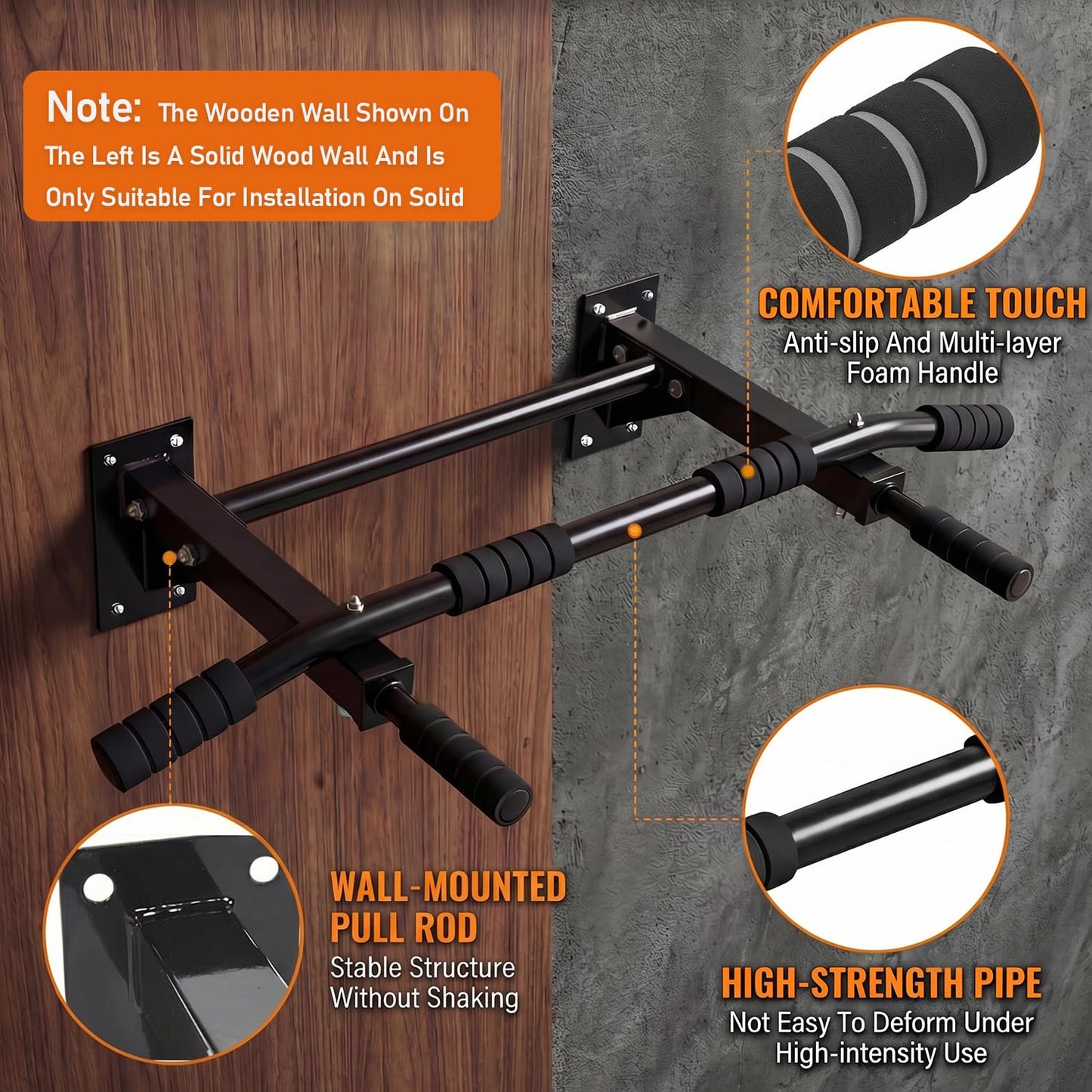 MEDETAYI Pull Up Bar Wall Mounted - Multifunctional Wall Mounted Pull Up Bar for Home Gym, Workout Strength Training Equipment, Chin-Up Bar with 2 Suspension Anchors