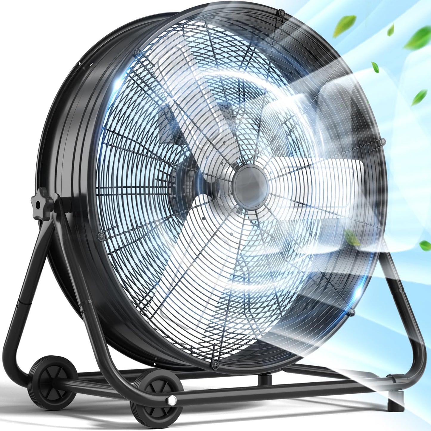 LifePlus 24 Inch Industrial Drum Fan, High Velocity Floor Fan, 3 Speed Heavy Duty Metal Air Circulator, 360° Tilt with Casters Handle ETL Standard for Patios, Warehouse, Commercial, 8900 CFM