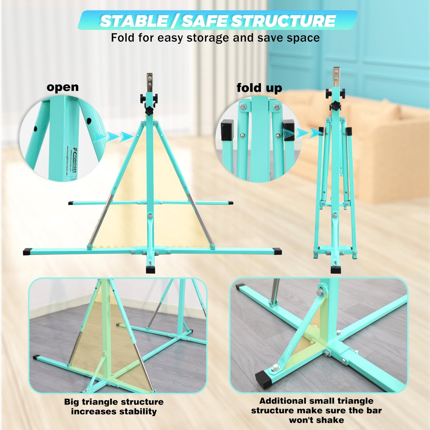 FC FUNCHEER Foldable Gymnastics Bar,5FT Horizontal bar,Adjustable Kids Training bar for Kids Ages 3-15,Kids Gymnastics bar,Triangle Stable Structure-Gym Equipment for Home