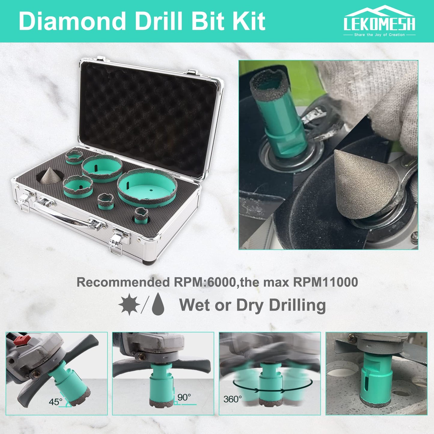 LEKOMESH Diamond Core Drill Bits Set 7pcs Tile Hole Saw Kit for Porcelain Tile Ceramic Marble Brick Concrete with 5/8"-11 Thread and LEKOMESH Diamond Grinding Cup Wheel